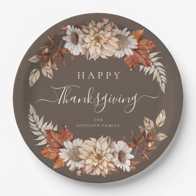 Rustic Brown Fall Floral Happy Thanksgiving Paper Plate (Front)