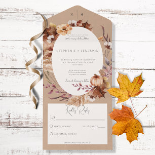 Rustic Brown Fall Floral & Leaves No Dinner All In One Invitation