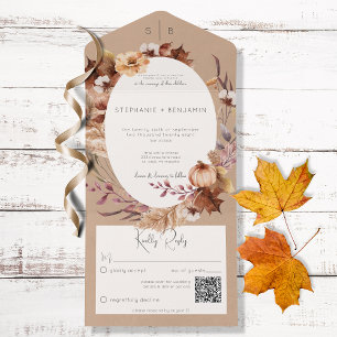 Rustic Brown Fall Floral & Leaves QR Code All In One Invitation
