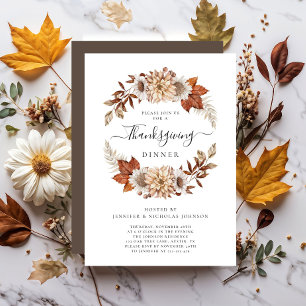 Rustic Brown Fall Floral Thanksgiving Dinner Invitation