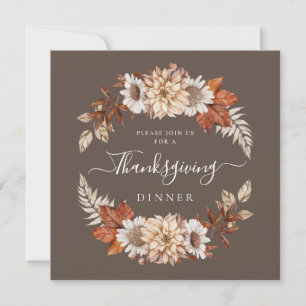 Rustic Brown Fall Floral Thanksgiving Dinner  Invitation