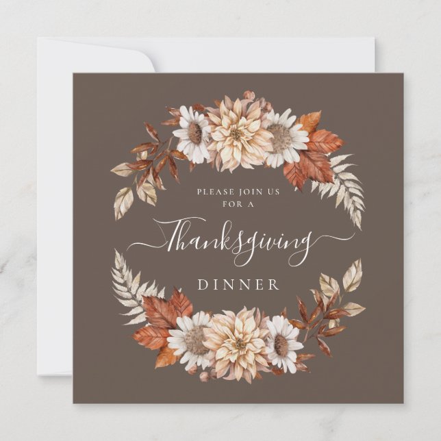 Rustic Brown Fall Floral Thanksgiving Dinner  Invitation (Front)