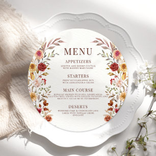 Rustic Brown Fall Floral Wedding Round Flat Menu