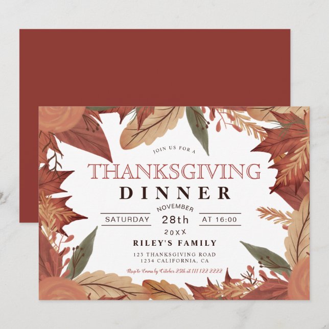 Rustic brown fall leaf floral thanksgiving invitation (Front/Back)