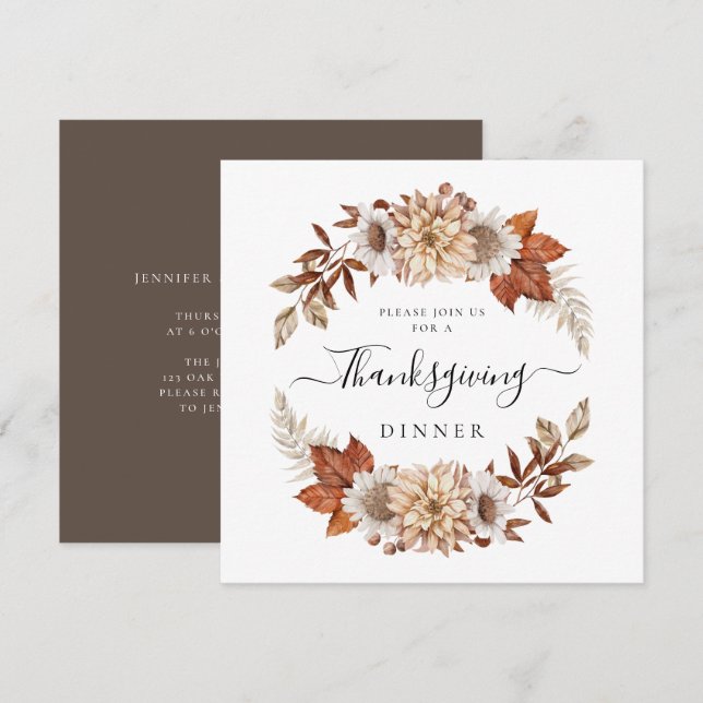 Rustic Brown Fall Leaves Thanksgiving Dinner Invitation (Front/Back)