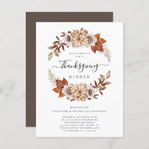 Rustic Brown Fall Leaves Thanksgiving Dinner Invitation Postcard