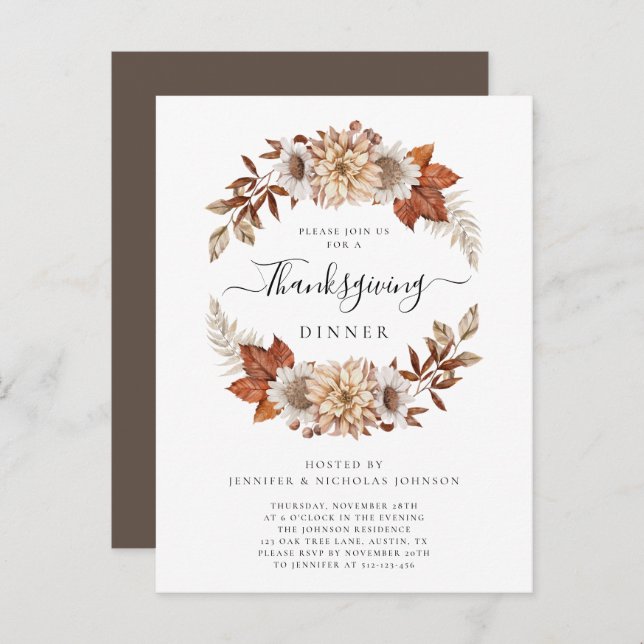 Rustic Brown Fall Leaves Thanksgiving Dinner Invitation Postcard (Front/Back)