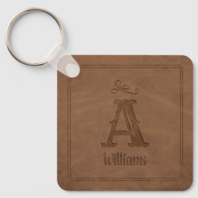 Rustic Brown Faux Leather Custom Monogram Name Key Key Ring (Front)