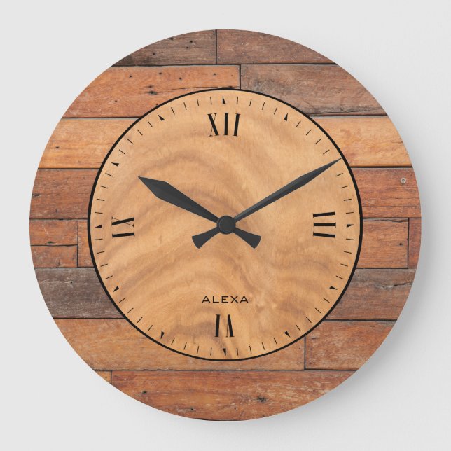 Rustic brown faux wood planks large clock (Front)