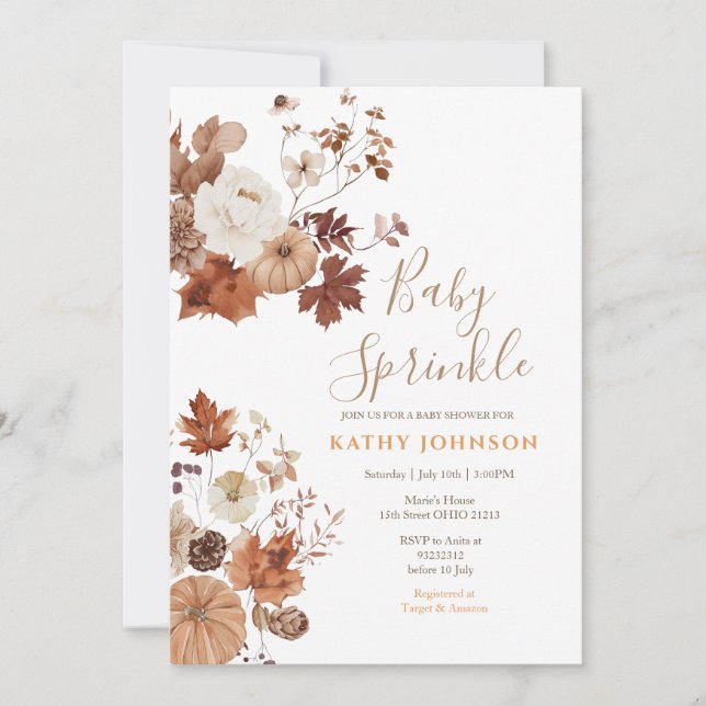 Rustic Brown Floral Fall Baby Sprinkle Invitation (Front)