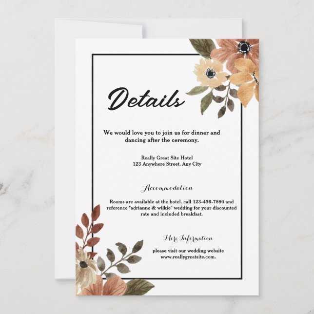 Rustic Brown Floral Wedding Details Enclosure Card (Front)