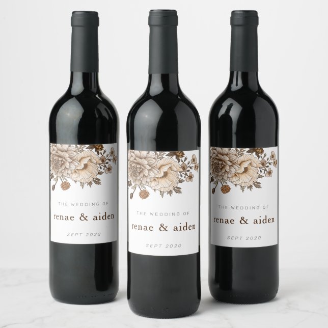 Rustic brown floral wine label (Bottles)