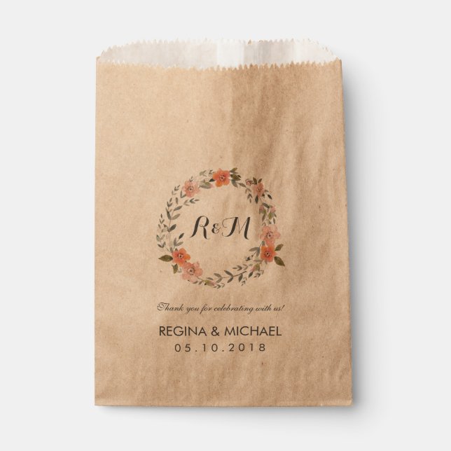 Rustic Brown Floral Wreath Monogram Wedding Party Favour Bags (Front)