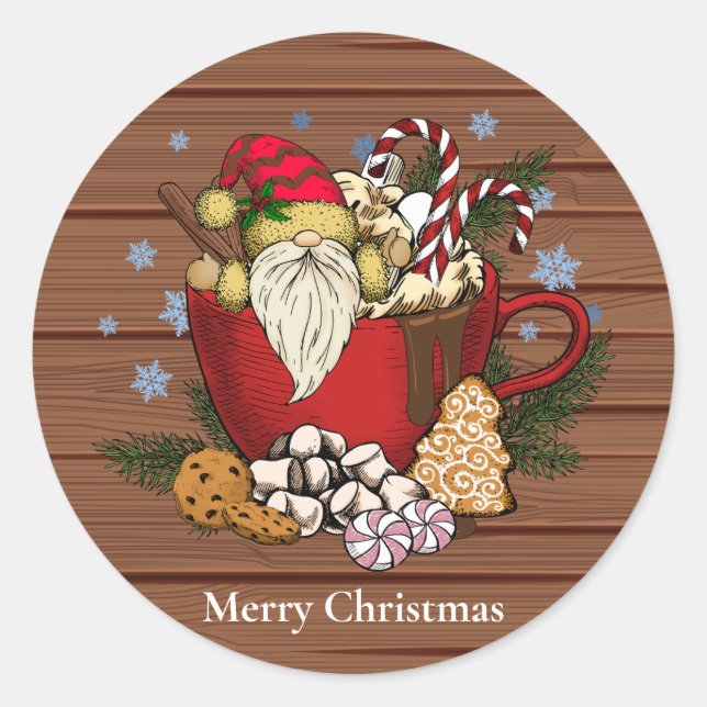 Rustic Brown Gnome Merry Christmas Snow Flakes Classic Round Sticker (Front)