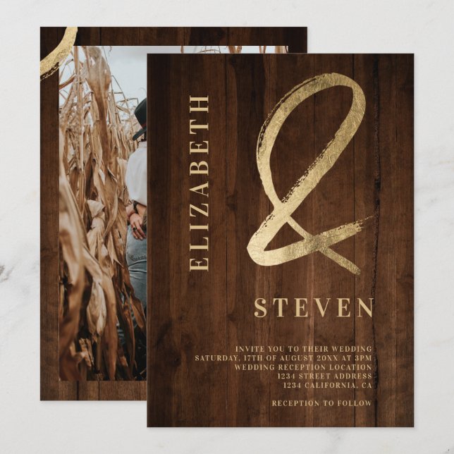 Rustic brown gold ampersand names photo wedding invitation (Front/Back)