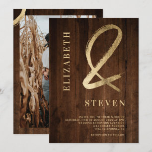 Rustic brown gold ampersand names photo wedding invitation