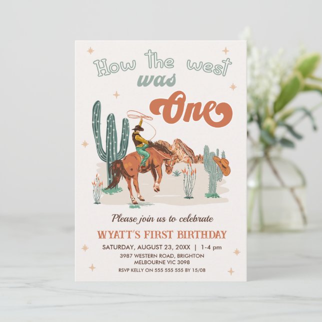 Rustic Brown Green How West Was One 1st Birthday Invitation (Standing Front)