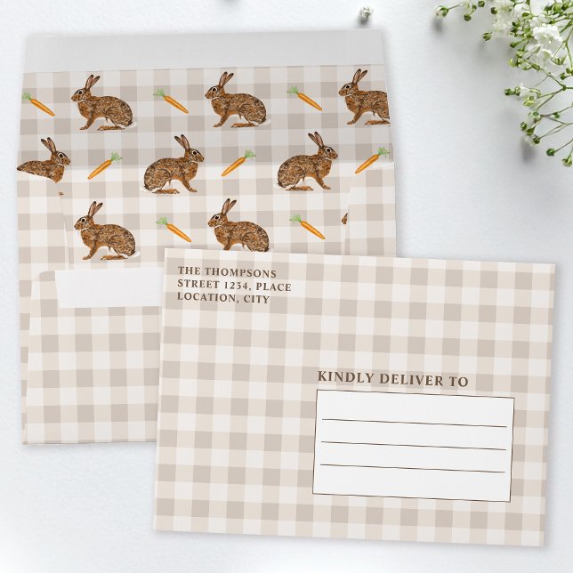 Rustic Brown Hares With Carrots Gingham Easter Envelope (Creator Uploaded)