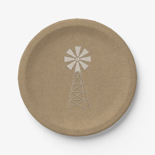 Rustic Brown Kraft Farm Windmill Modern Wedding Paper Plate