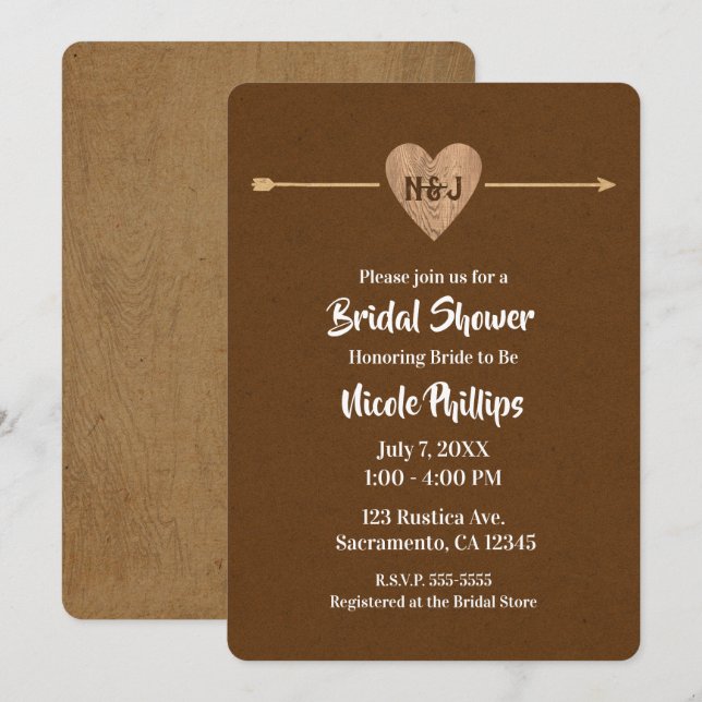 Rustic Brown Kraft Heart Arrow Barn Bridal Shower Invitation (Front/Back)