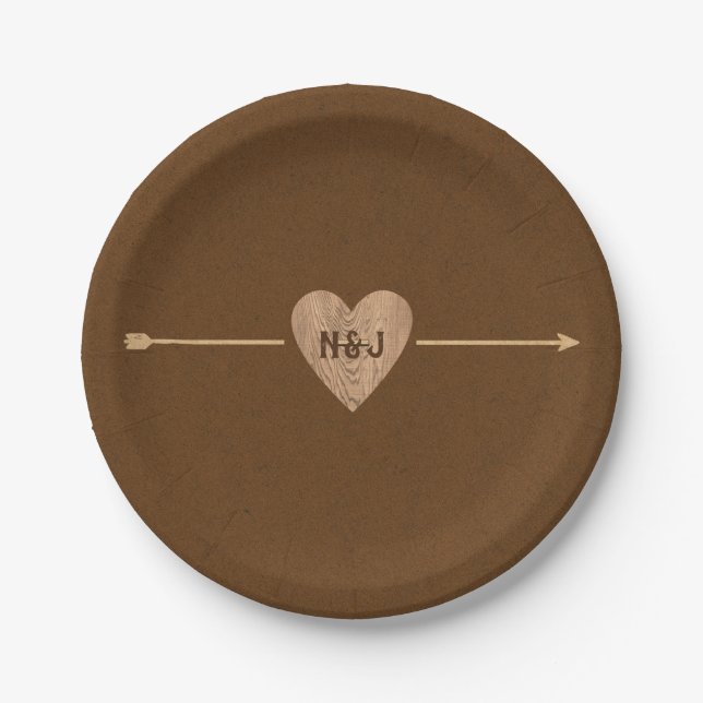Rustic Brown Kraft Heart Arrow Bridal Shower Paper Plate (Front)