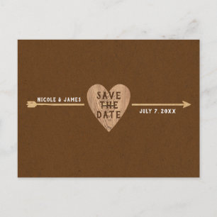 Rustic Brown Kraft Heart Arrow Save the Date Announcement Postcard