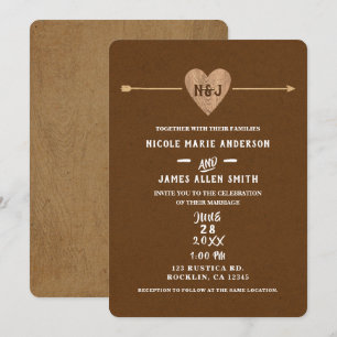 Rustic Brown Kraft Heart Arrow Woodsy Wedding Invitation