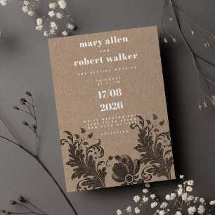 Rustic brown kraft paper black floral lace Wedding Invitation
