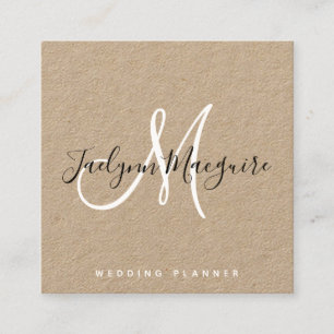 Rustic brown kraft paper elegant script monogram square business card