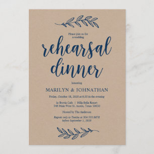 Rustic Brown Kraft, Rehearsal Dinner, Navy Blue Invitation
