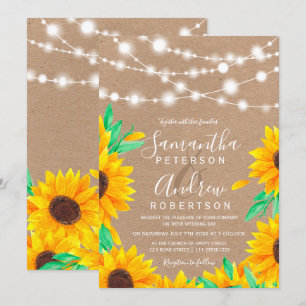 Rustic brown kraft string lights sunflower wedding invitation