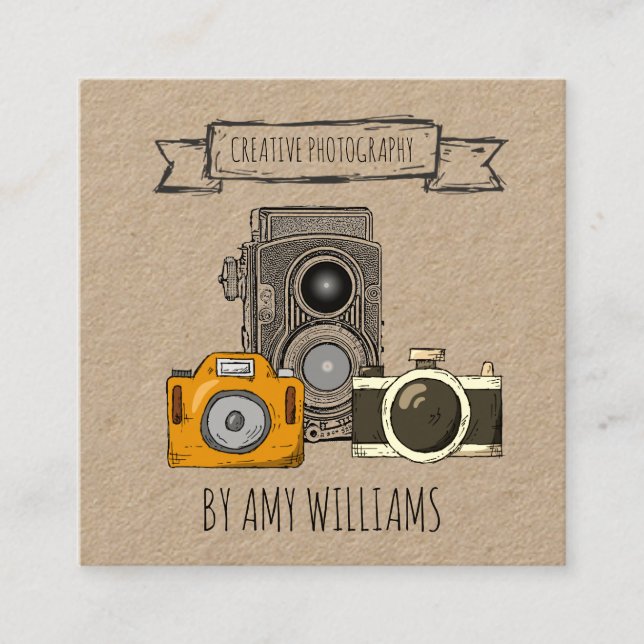 Rustic Brown Kraft Vintage Cameras Square Business Card (Front)