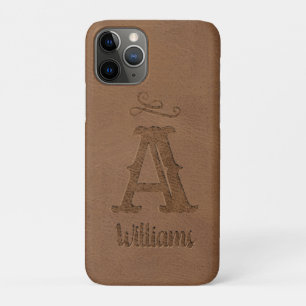 Rustic Brown Leather Custom Monogram Name iPhone 11 Pro Case