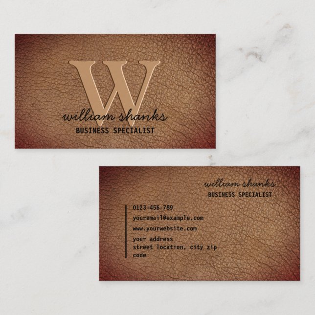Rustic brown leather gold monogram script stylish business card (Front/Back)