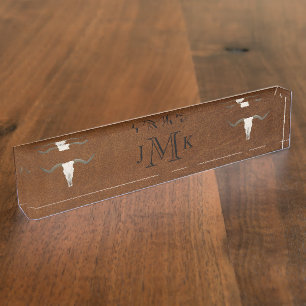 Rustic Brown Leather Image Antler Monogram Nameplate