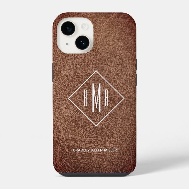 Rustic Brown Leather Monogram iPhone Case (Back)