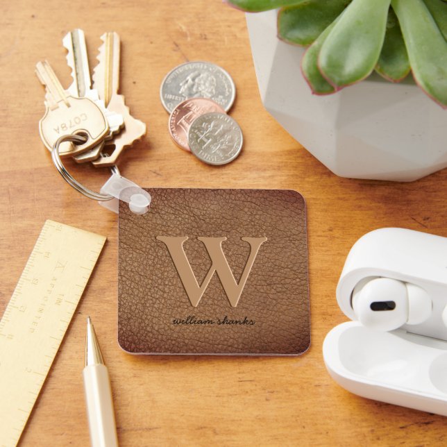 Rustic brown leather monogram stylish script name  key ring (Desk)