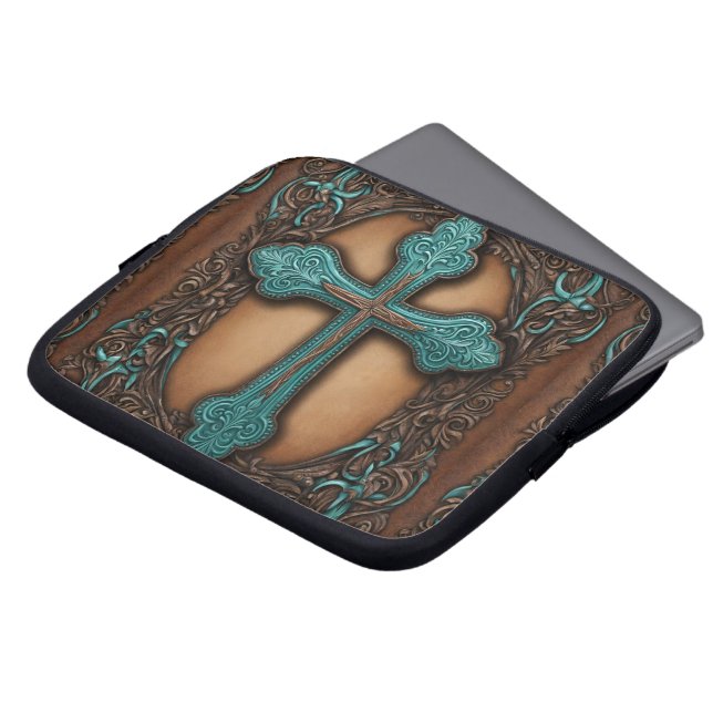 rustic brown leather western country cross laptop sleeve (Front Top)