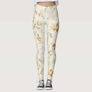 Rustic Brown Leaves Fall Foliage on Cream Leggings