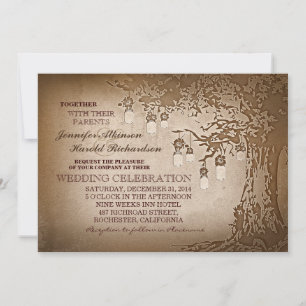 Rustic brown mason jars tree wedding invitations