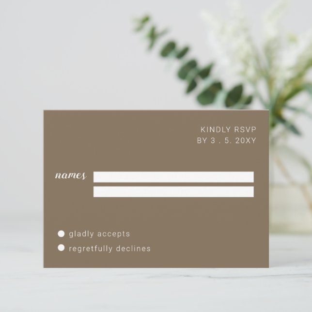 Rustic Brown Minimalist Script Calligraphy Wedding RSVP Card (Standing Front)