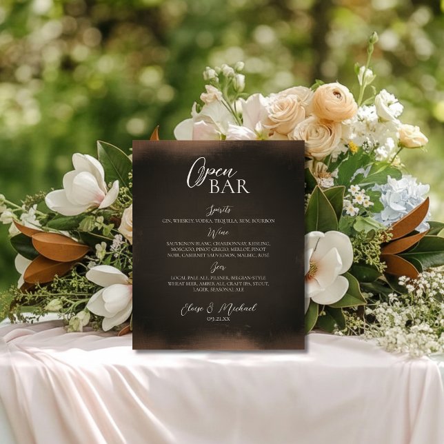 Rustic Brown Open Bar Wedding  Pedestal Sign (Give your open bar and added touch of elegance with this Rustic Brown Bar Sign!)