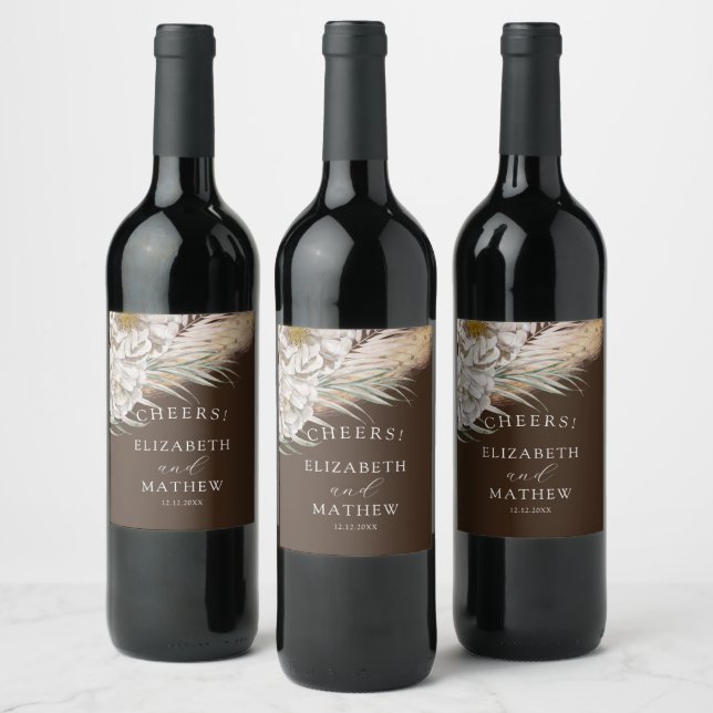 Rustic Brown Pampas & Floral Wedding  Wine Label (Bottles)