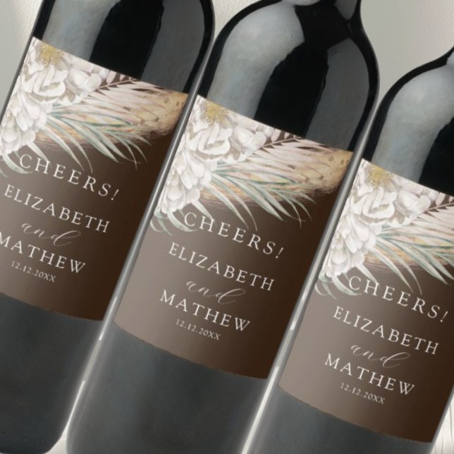 Rustic Brown Pampas & Floral Wedding  Wine Label (Creator Uploaded)