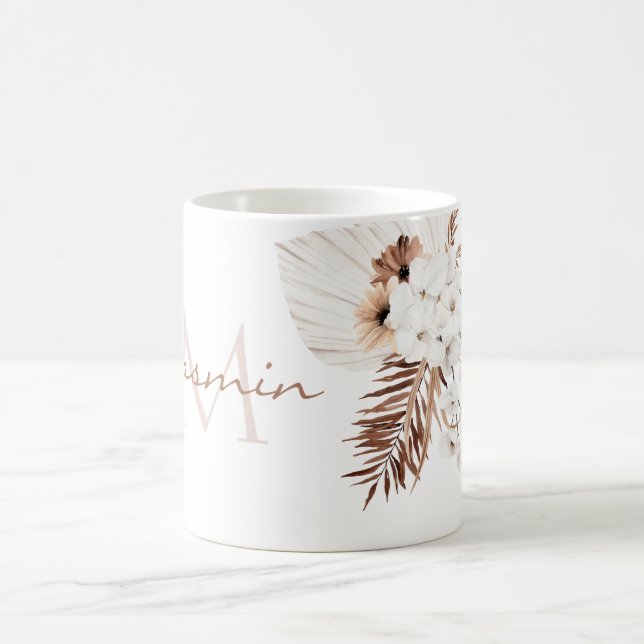 Rustic Brown Pampas Grass White Orchids Monogram Coffee Mug (Center)