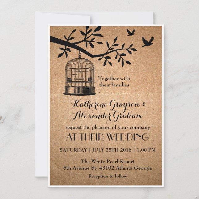 Rustic Brown Paper Bird Cage Wedding Invitation (Front)