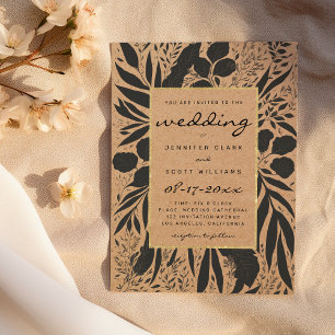 Rustic brown paper black gold floral wedding invitation