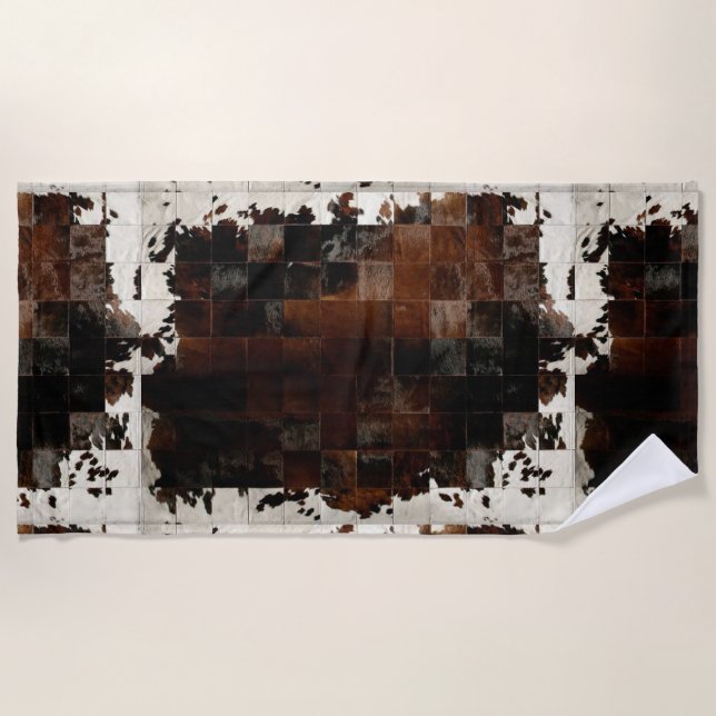 Rustic Brown Patchwork Cowhide Beach Towel (Front)