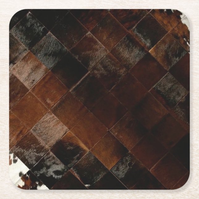 Rustic Brown Patchwork Cowhide Square Paper Coaster (Front)