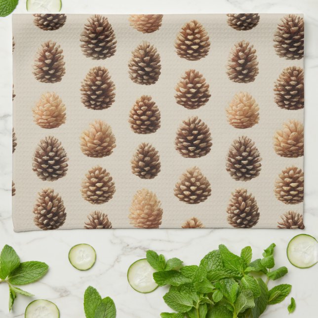 Rustic Brown Pine Cone Winter Pattern Tea Towel (Folded)